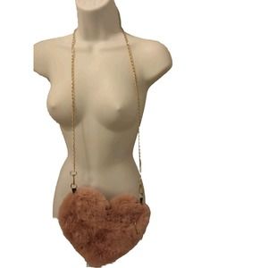 Pink Faux Fur Heart Crossbody Purse Bag Gold Zipper & Detachable Long Gold Chain